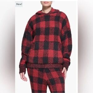 SKIMS Cozy Knit Hoodie Brick Buffalo Check Size S/M Red Black Oversized Lounge